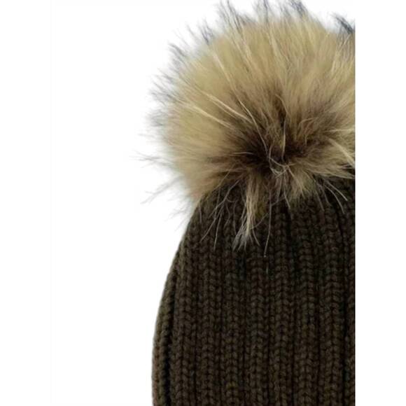 NEW MORRIS KAYE women's knit beanie with fox pom pom in brown - Picture 2 of 2